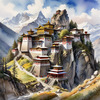 Realistic Landscape Art of Mountain Monastery with Prayer Flags