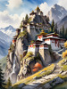 Realistic Landscape Art of Mountain Monastery with Prayer Flags