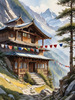 Realistic Landscape Art of Mountain Monastery with Prayer Flags