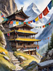 Realistic Landscape Art of Mountain Monastery with Prayer Flags