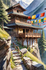 Realistic Landscape Art of Mountain Monastery with Prayer Flags
