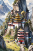 Realistic Landscape Art of Mountain Monastery with Prayer Flags