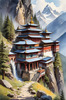 Realistic Landscape Art of Mountain Monastery with Prayer Flags