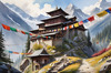 Realistic Landscape Art of Mountain Monastery with Prayer Flags