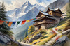 Realistic Landscape Art of Mountain Monastery with Prayer Flags