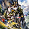 Realistic Landscape Art of Mountain Monastery with Prayer Flags