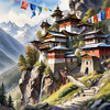 Realistic Landscape Art of Mountain Monastery with Prayer Flags