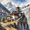 Realistic Landscape Art of Mountain Monastery with Prayer Flags