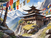 Realistic Landscape Art of Mountain Monastery with Prayer Flags