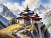 Realistic Landscape Art of Mountain Monastery with Prayer Flags