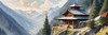 Realistic Landscape Art of Mountain Monastery with Prayer Flags