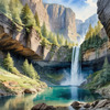 Printable Realistic Landscape Art of Mountains with Cascading Waterfalls and Serene Pool