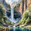 Printable Realistic Landscape Art of Mountains with Cascading Waterfalls and Serene Pool