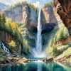 Printable Realistic Landscape Art of Mountains with Cascading Waterfalls and Serene Pool
