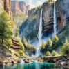 Printable Realistic Landscape Art of Mountains with Cascading Waterfalls and Serene Pool