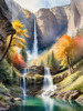 Printable Realistic Landscape Art of Mountains with Cascading Waterfalls and Serene Pool