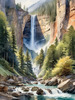Printable Realistic Landscape Art of Mountains with Cascading Waterfalls and Serene Pool