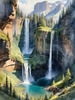 Printable Realistic Landscape Art of Mountains with Cascading Waterfalls and Serene Pool