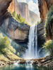 Printable Realistic Landscape Art of Mountains with Cascading Waterfalls and Serene Pool