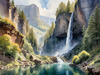 Printable Realistic Landscape Art of Mountains with Cascading Waterfalls and Serene Pool