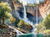 Printable Realistic Landscape Art of Mountains with Cascading Waterfalls and Serene Pool