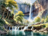 Printable Realistic Landscape Art of Mountains with Cascading Waterfalls and Serene Pool