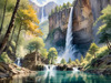Printable Realistic Landscape Art of Mountains with Cascading Waterfalls and Serene Pool
