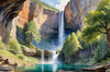 Printable Realistic Landscape Art of Mountains with Cascading Waterfalls and Serene Pool