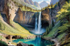 Printable Realistic Landscape Art of Mountains with Cascading Waterfalls and Serene Pool