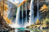 Printable Realistic Landscape Art of Mountains with Cascading Waterfalls and Serene Pool