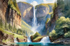 Printable Realistic Landscape Art of Mountains with Cascading Waterfalls and Serene Pool