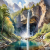 Printable Realistic Landscape Art of Mountains with Cascading Waterfalls and Serene Pool