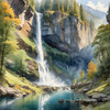 Printable Realistic Landscape Art of Mountains with Cascading Waterfalls and Serene Pool