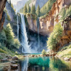 Printable Realistic Landscape Art of Mountains with Cascading Waterfalls and Serene Pool