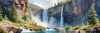 Printable Realistic Landscape Art of Mountains with Cascading Waterfalls and Serene Pool