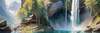 Printable Realistic Landscape Art of Mountains with Cascading Waterfalls and Serene Pool