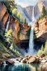 Printable Realistic Landscape Art of Mountains with Cascading Waterfalls and Serene Pool