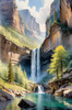 Printable Realistic Landscape Art of Mountains with Cascading Waterfalls and Serene Pool