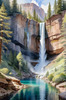 Printable Realistic Landscape Art of Mountains with Cascading Waterfalls and Serene Pool
