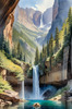 Printable Realistic Landscape Art of Mountains with Cascading Waterfalls and Serene Pool