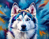Abstract Siberian Husky Art Print with Piercing Icy Blue Eyes and Snow Patterns