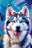 Abstract Siberian Husky Art Print with Piercing Icy Blue Eyes and Snow Patterns