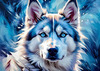 Abstract Siberian Husky Art Print with Piercing Icy Blue Eyes and Snow Patterns