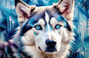 Abstract Siberian Husky Art Print with Piercing Icy Blue Eyes and Snow Patterns