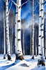 Silver Birch Forest with White Trunks Against Deep Blue Winter Sky Art Print
