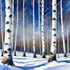Silver Birch Forest with White Trunks Against Deep Blue Winter Sky Art Print