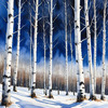Silver Birch Forest with White Trunks Against Deep Blue Winter Sky Art Print