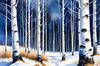 Silver Birch Forest with White Trunks Against Deep Blue Winter Sky Art Print