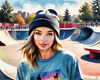 Printable Art of Skater Girl with Beanie at Skatepark