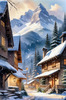 Printable Snow-Capped Mountain Village with Falling Snowflakes Art